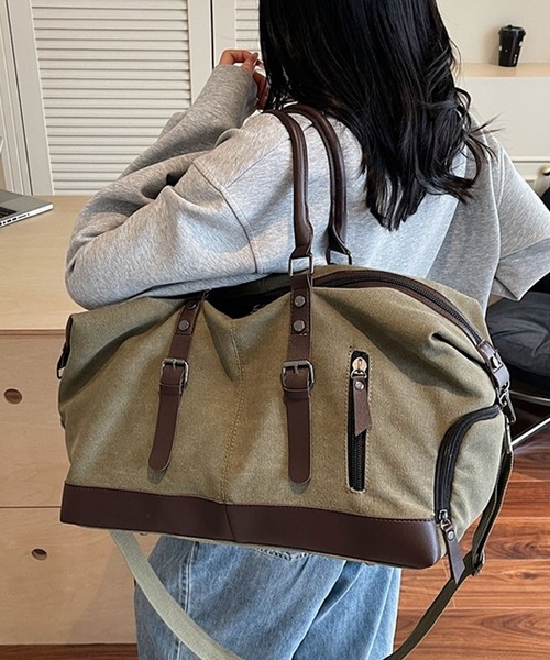 florist（フローリスト）の「【2WAY・大容量33L】キャリーオンキャンバス×フェイクレザーボストンバッグ/トラベルバッグ/ショルダーバッグ（ボストンバッグ・メンズ・ホワイト/ブラック/モスグリーン・FREE）」の13枚目の写真