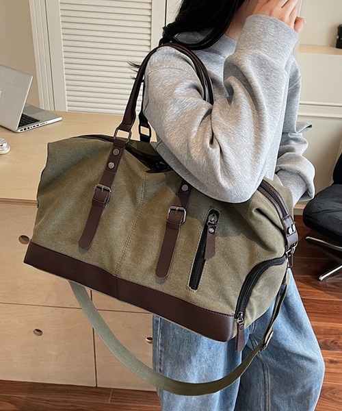 florist（フローリスト）の「【2WAY・大容量33L】キャリーオンキャンバス×フェイクレザーボストンバッグ/トラベルバッグ/ショルダーバッグ（ボストンバッグ・メンズ・ホワイト/ブラック/モスグリーン・FREE）」の14枚目の写真