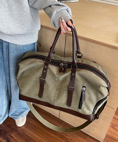 florist（フローリスト）の「【2WAY・大容量33L】キャリーオンキャンバス×フェイクレザーボストンバッグ/トラベルバッグ/ショルダーバッグ（ボストンバッグ・メンズ・ホワイト/ブラック/モスグリーン・FREE）」の15枚目の写真