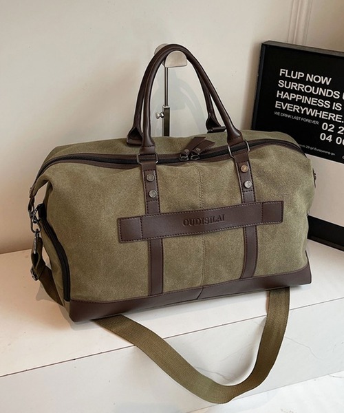 florist（フローリスト）の「【2WAY・大容量33L】キャリーオンキャンバス×フェイクレザーボストンバッグ/トラベルバッグ/ショルダーバッグ（ボストンバッグ・メンズ・ホワイト/ブラック/モスグリーン・FREE）」の20枚目の写真