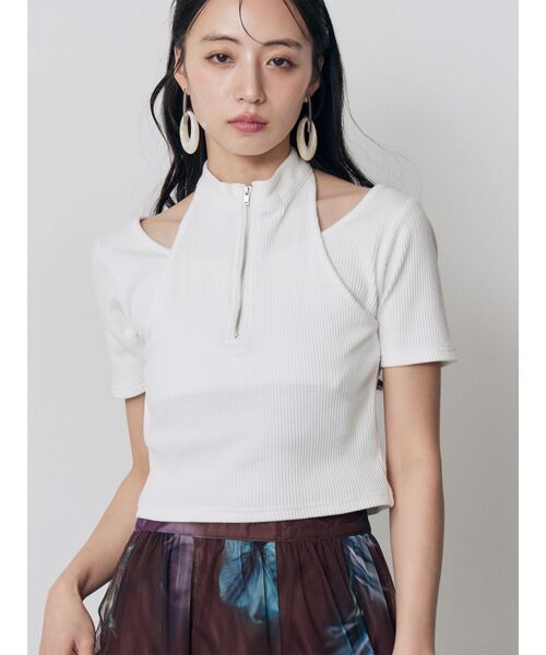MURUA（ムルーア）の「ホルターハーフジップテレコトップス　夏服（Tシャツ/カットソー・レディース・カーキ/ブラック/ピンク/ホワイト・FREE）」の2枚目の写真