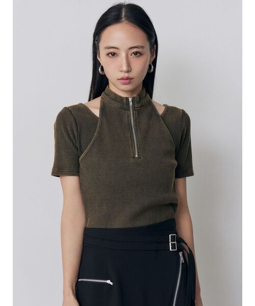 MURUA（ムルーア）の「ホルターハーフジップテレコトップス　夏服（Tシャツ/カットソー・レディース・カーキ/ブラック/ピンク/ホワイト・FREE）」の10枚目の写真