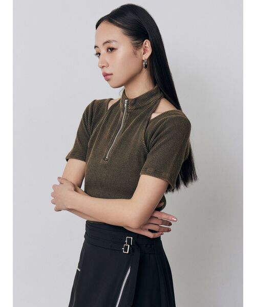 MURUA（ムルーア）の「ホルターハーフジップテレコトップス　夏服（Tシャツ/カットソー・レディース・カーキ/ブラック/ピンク/ホワイト・FREE）」の11枚目の写真