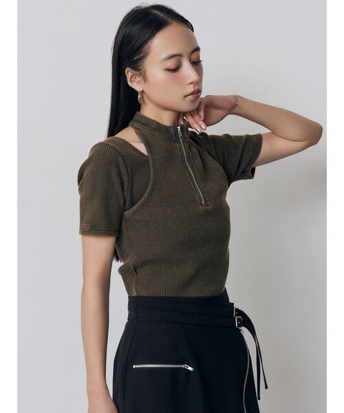 MURUA（ムルーア）の「ホルターハーフジップテレコトップス　夏服（Tシャツ/カットソー・レディース・カーキ/ブラック/ピンク/ホワイト・FREE）」の12枚目の写真