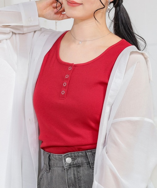 Honeys（ハニーズ）の「【ＵＶカット】ヘンリーネックタンク（タンクトップ・レディース・ブラウン/レッド/オートミール/アイボリー/ブラック・L/M/S）」の5枚目の写真