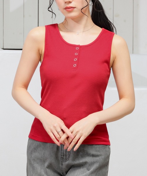 Honeys（ハニーズ）の「【ＵＶカット】ヘンリーネックタンク（タンクトップ・レディース・ブラウン/レッド/オートミール/アイボリー/ブラック・L/M/S）」の18枚目の写真