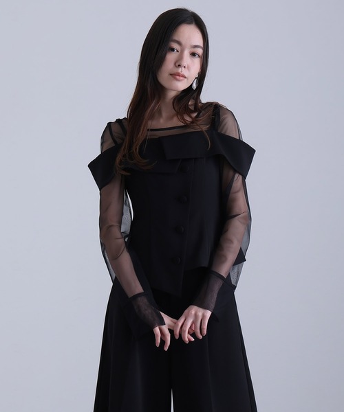 オフショルダートップスワイドパンツセット ミモレ丈&ノースリーブ