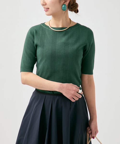 VERMEIL par iena（ヴェルメイユパーイエナ）の「ランダムRIB ボートネック ハーフスリーブ プルオーバー（ニット/セーター・レディース・ブラック/グリーン/ホワイト・FREE）」の3枚目の写真