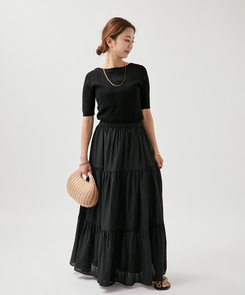 VERMEIL par iena（ヴェルメイユパーイエナ）の「ランダムRIB ボートネック ハーフスリーブ プルオーバー（ニット/セーター・レディース・ブラック/グリーン/ホワイト・FREE）」の4枚目の写真