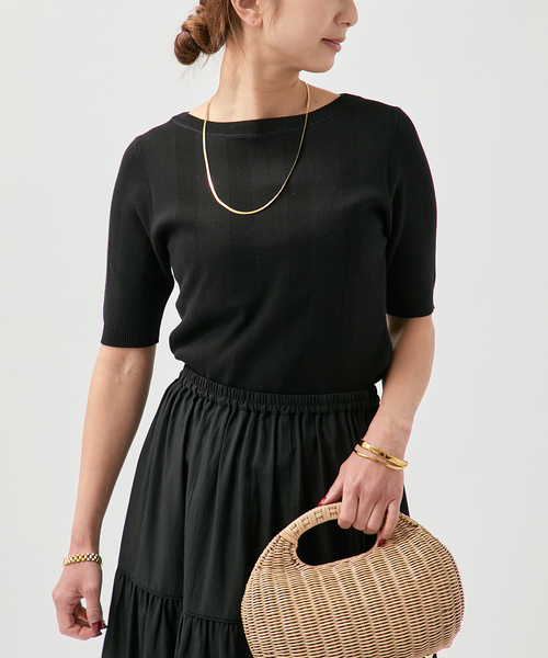 VERMEIL par iena（ヴェルメイユパーイエナ）の「ランダムRIB ボートネック ハーフスリーブ プルオーバー（ニット/セーター・レディース・ブラック/グリーン/ホワイト・FREE）」の7枚目の写真