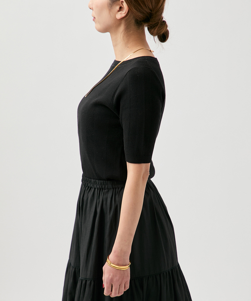 VERMEIL par iena（ヴェルメイユパーイエナ）の「ランダムRIB ボートネック ハーフスリーブ プルオーバー（ニット/セーター・レディース・ブラック/グリーン/ホワイト・FREE）」の8枚目の写真