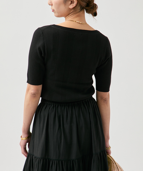 VERMEIL par iena（ヴェルメイユパーイエナ）の「ランダムRIB ボートネック ハーフスリーブ プルオーバー（ニット/セーター・レディース・ブラック/グリーン/ホワイト・FREE）」の9枚目の写真