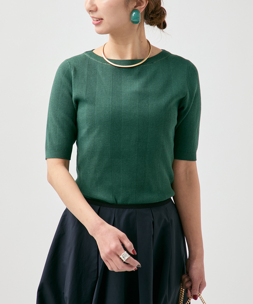 VERMEIL par iena（ヴェルメイユパーイエナ）の「ランダムRIB ボートネック ハーフスリーブ プルオーバー（ニット/セーター・レディース・ブラック/グリーン/ホワイト・FREE）」の18枚目の写真