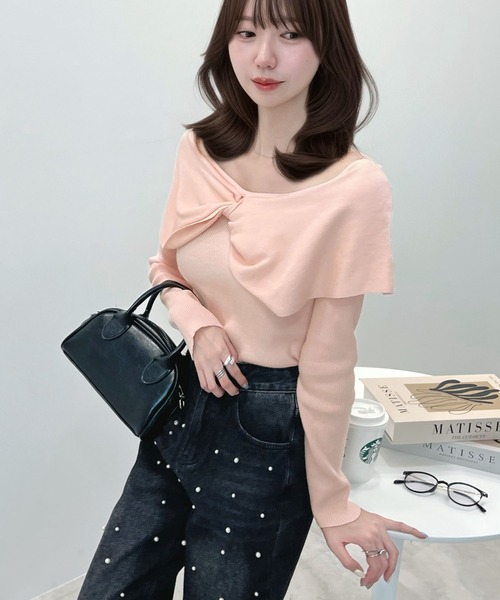 CHARME BY MICOLA（シャルムバイミコラ）の「フロントリボンオフショルダートップス（Tシャツ/カットソー・レディース・ブラック/アイボリー/ピンク・LARGE/MEDIUM）」の4枚目の写真