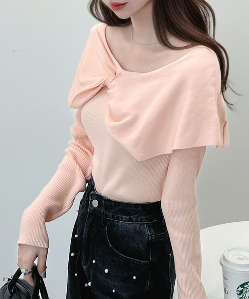 CHARME BY MICOLA（シャルムバイミコラ）の「フロントリボンオフショルダートップス（Tシャツ/カットソー・レディース・ブラック/アイボリー/ピンク・LARGE/MEDIUM）」の5枚目の写真