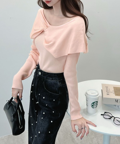 CHARME BY MICOLA（シャルムバイミコラ）の「フロントリボンオフショルダートップス（Tシャツ/カットソー・レディース・ブラック/アイボリー/ピンク・LARGE/MEDIUM）」の6枚目の写真