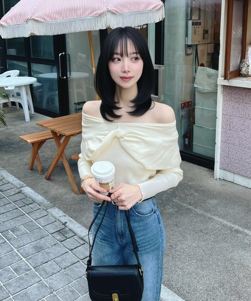 CHARME BY MICOLA（シャルムバイミコラ）の「フロントリボンオフショルダートップス（Tシャツ/カットソー・レディース・ブラック/アイボリー/ピンク・LARGE/MEDIUM）」の10枚目の写真