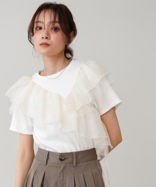 Bab（バブ）の「アシメフリルドッキングカットソー（Tシャツ/カットソー・レディース・ブルー/オフホワイト/ブラック・FREE）」の4枚目の写真