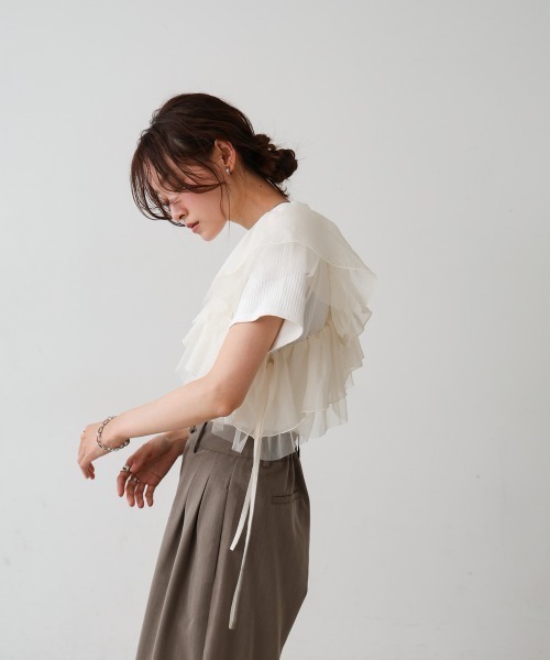 Bab（バブ）の「アシメフリルドッキングカットソー（Tシャツ/カットソー・レディース・ブルー/オフホワイト/ブラック・FREE）」の11枚目の写真