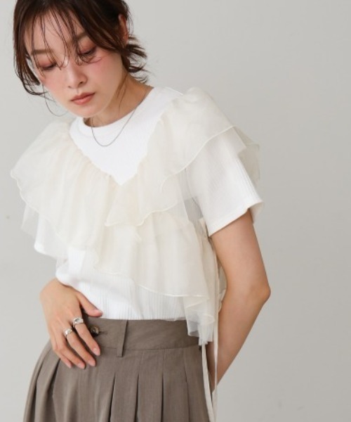 Bab（バブ）の「アシメフリルドッキングカットソー（Tシャツ/カットソー・レディース・ブルー/オフホワイト/ブラック・FREE）」の12枚目の写真