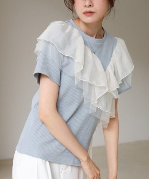 Bab（バブ）の「アシメフリルドッキングカットソー（Tシャツ/カットソー・レディース・ブルー/オフホワイト/ブラック・FREE）」の13枚目の写真