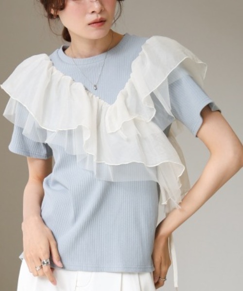 Bab（バブ）の「アシメフリルドッキングカットソー（Tシャツ/カットソー・レディース・ブルー/オフホワイト/ブラック・FREE）」の14枚目の写真