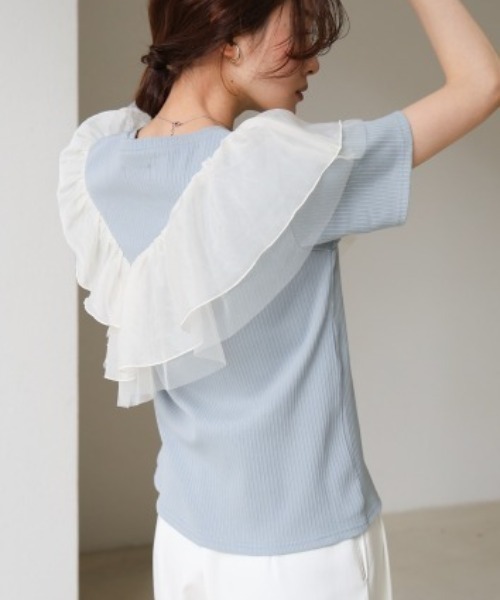 Bab（バブ）の「アシメフリルドッキングカットソー（Tシャツ/カットソー・レディース・ブルー/オフホワイト/ブラック・FREE）」の19枚目の写真