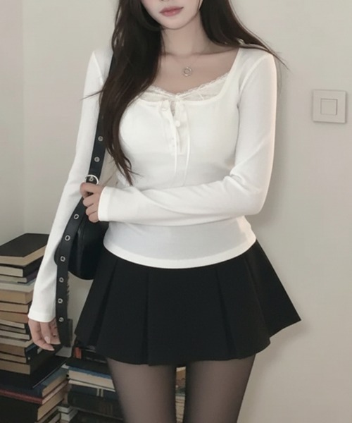 Emilie(エミリー)の「インナードッキング レイヤード風ヘンリーネックロンT(Tシャツ/カットソー・レディース・ピンク/グレー/クリーム/アイボリー/ブラック/ライトブルー・FREE)」の11枚目の写真