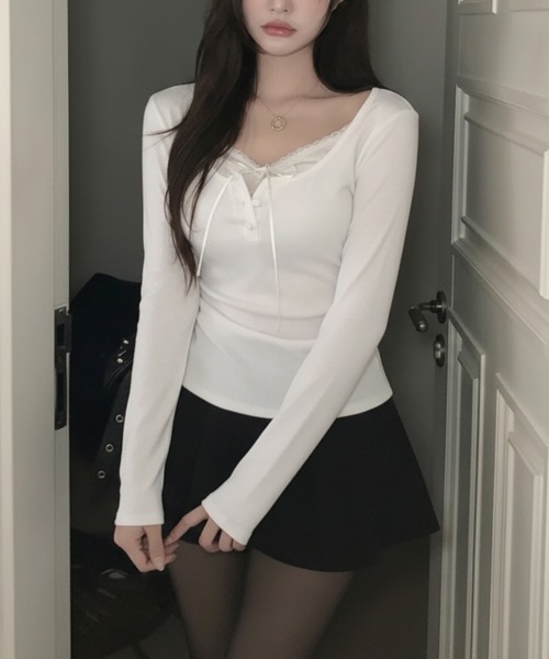 Emilie(エミリー)の「インナードッキング レイヤード風ヘンリーネックロンT(Tシャツ/カットソー・レディース・ピンク/グレー/クリーム/アイボリー/ブラック/ライトブルー・FREE)」の12枚目の写真