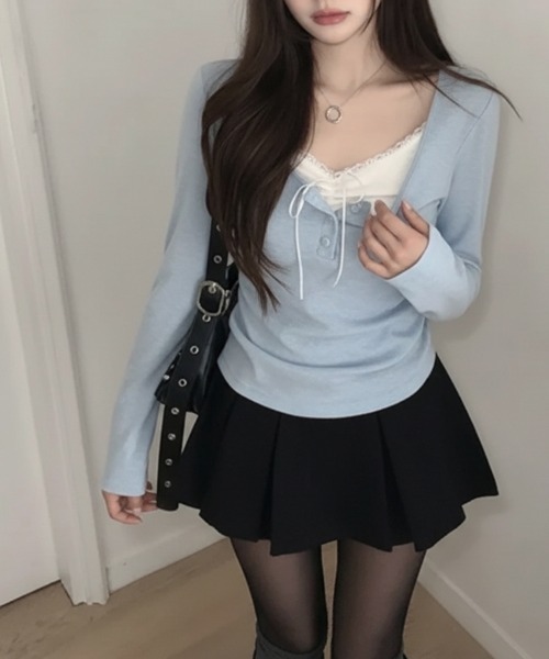 Emilie(エミリー)の「インナードッキング レイヤード風ヘンリーネックロンT(Tシャツ/カットソー・レディース・ピンク/グレー/クリーム/アイボリー/ブラック/ライトブルー・FREE)」の17枚目の写真