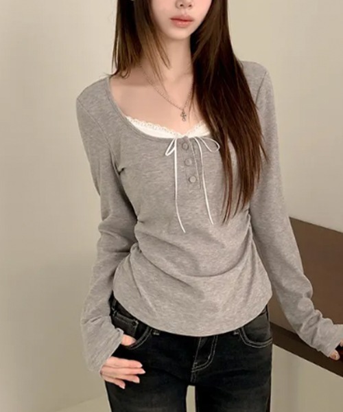 Emilie(エミリー)の「インナードッキング レイヤード風ヘンリーネックロンT(Tシャツ/カットソー・レディース・ピンク/グレー/クリーム/アイボリー/ブラック/ライトブルー・FREE)」の22枚目の写真