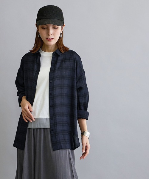 NICOLE white（ニコルホワイト）の「【セットアップ対応】チェックシャツ（シャツ/ブラウス・レディース・ネイビー/オフホワイト・FREE）」の5枚目の写真