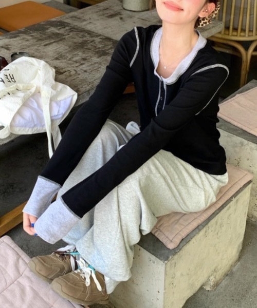 Alvia(アルビア)の「韓国風カジュアル配色ヘンリーネックTシャツトップス(Tシャツ/カットソー・レディース・ブラック/グレー・M)」の8枚目の写真