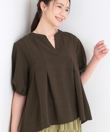 【洗濯後しわになりにくい/S-LL/インせず着られる】麻調5分袖ペプラムスキッパーブラウス