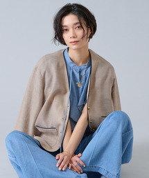 Liesse（リエス）の「麻調バイカラーメッシュジャケット（ノーカラージャケット）」