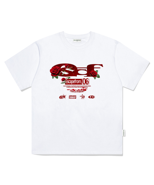 ESCAPEFROM(エスケープフロム)の「レッドローズ ESCF ロゴコラージュプリントオーバーサイズ半袖Tシャツホワイト(Tシャツ/カットソー・レディース・その他・SMALL/MEDIUM/LARGE)」の2枚目の写真