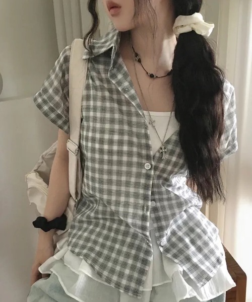 Sibra(シブラ)の「チェック柄オーバーサイズ半袖シャツ(シャツ/ブラウス・レディース・パープル/ネイビー/グレー・M)」の13枚目の写真