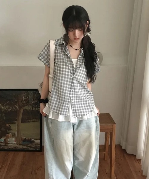 Sibra(シブラ)の「チェック柄オーバーサイズ半袖シャツ(シャツ/ブラウス・レディース・パープル/ネイビー/グレー・M)」の6枚目の写真