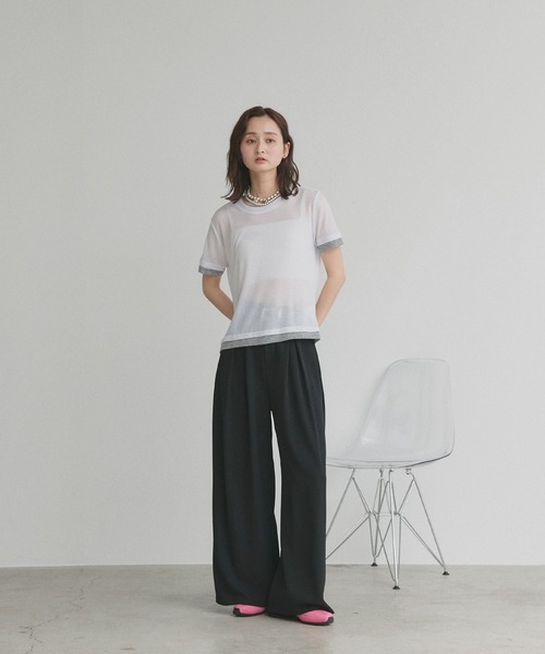 ad thie(アドティエ)の「ハーフスリーブ バイカラー シアー トップス(Tシャツ/カットソー・レディース・パープル系/グレー系/ホワイト系/イエロー系/ブラック系・FREE)」の6枚目の写真
