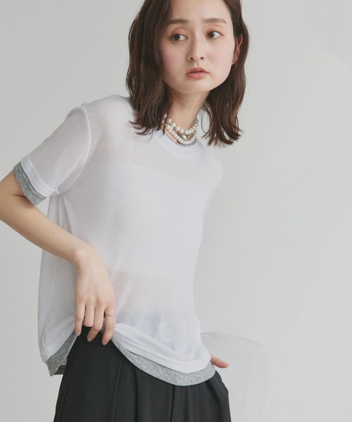 ad thie(アドティエ)の「ハーフスリーブ バイカラー シアー トップス(Tシャツ/カットソー・レディース・パープル系/グレー系/ホワイト系/イエロー系/ブラック系・FREE)」の12枚目の写真