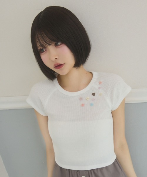 rumnel:(ルムネル)の「ランダムボタンワッフルTシャツ / Random Button Waffle T-Shirt(Tシャツ/カットソー・レディース・ホワイト/グレー系/ブラック・FREE)」の22枚目の写真