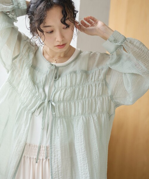 coen(コーエン)の「【再入荷 / セットアイテム】シアーシャーリングシャツカーデセット(シャツ/ブラウス・レディース・ダークグレー/ライム/ライトブルー/ナチュラル・M/L)」の4枚目の写真