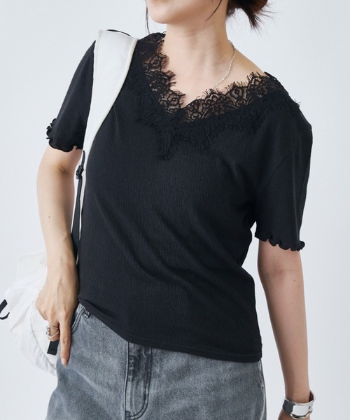 COLONY 2139(コロニートゥーワンスリーナイン)の「レーストリミングメロウ半袖Tシャツ(Tシャツ/カットソー・レディース・アイボリー/チャコールグレー/ブラック/オフホワイト・FREE)」の1枚目の写真