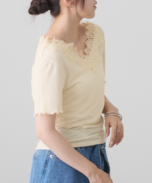 COLONY 2139(コロニートゥーワンスリーナイン)の「レーストリミングメロウ半袖Tシャツ(Tシャツ/カットソー・レディース・アイボリー/チャコールグレー/ブラック/オフホワイト・FREE)」の8枚目の写真