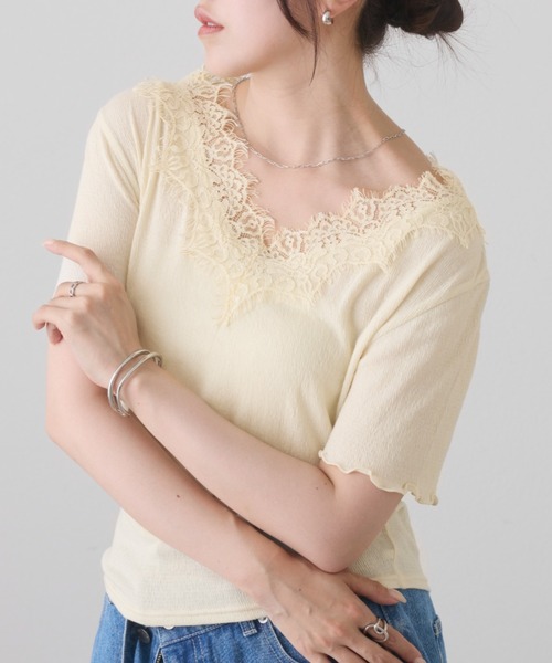COLONY 2139(コロニートゥーワンスリーナイン)の「レーストリミングメロウ半袖Tシャツ(Tシャツ/カットソー・レディース・アイボリー/チャコールグレー/ブラック/オフホワイト・FREE)」の7枚目の写真