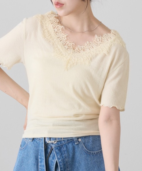 COLONY 2139(コロニートゥーワンスリーナイン)の「レーストリミングメロウ半袖Tシャツ(Tシャツ/カットソー・レディース・アイボリー/チャコールグレー/ブラック/オフホワイト・FREE)」の6枚目の写真