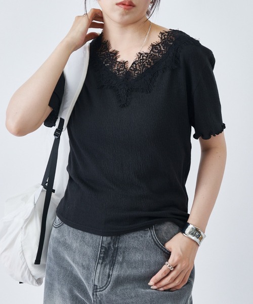 COLONY 2139(コロニートゥーワンスリーナイン)の「レーストリミングメロウ半袖Tシャツ(Tシャツ/カットソー・レディース・アイボリー/チャコールグレー/ブラック/オフホワイト・FREE)」の13枚目の写真