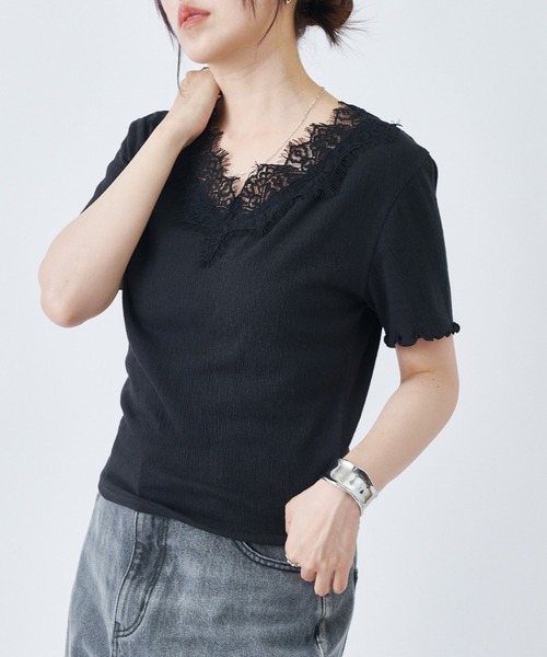 COLONY 2139(コロニートゥーワンスリーナイン)の「レーストリミングメロウ半袖Tシャツ(Tシャツ/カットソー・レディース・アイボリー/チャコールグレー/ブラック/オフホワイト・FREE)」の15枚目の写真