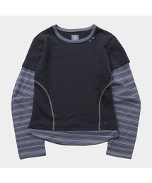 ストライプ配色ステッチポイントレイヤードロングスリーブTシャツ[チャコール]