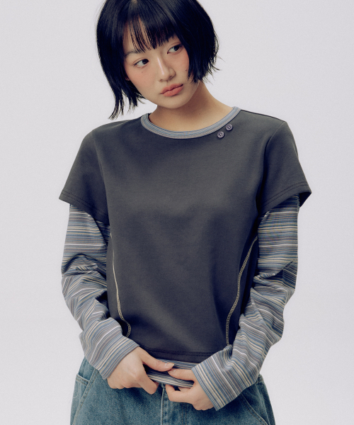 SOME PLACE（サムプレイス）の「ストライプ配色ステッチポイントレイヤードロングスリーブTシャツ[チャコール]（Tシャツ/カットソー・レディース・チャコール・FREE）」の3枚目の写真